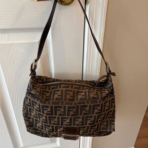 Vintage Fendi Zucca Dark Brown & Tan Logo Shoulder Bag AUTHENTIC 15” by 11” tall